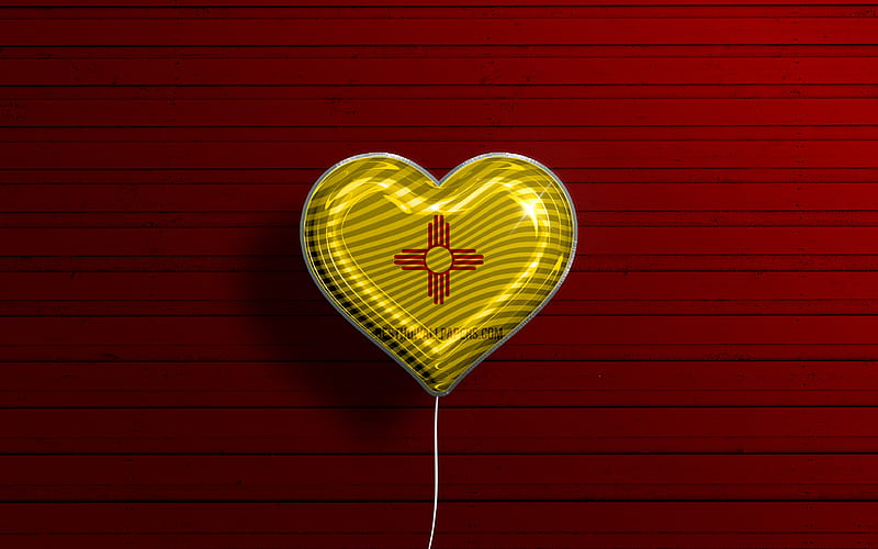 I Love New Mexico, realistic balloons, red wooden background, United States of America, New Mexico flag heart, flag of New Mexico, balloon with flag, American states, Love New Mexico, USA, HD wallpaper