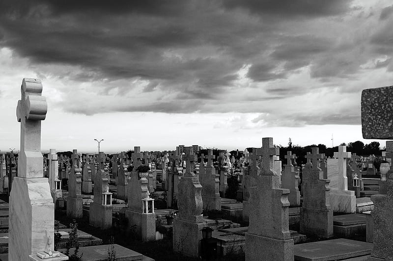 A Graveyard, death, cemetery, tombstones, crosses, clouds, sky, tombs, HD wallpaper