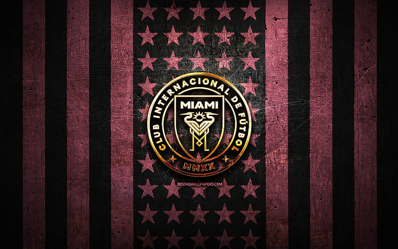 Inter Miami flag, MLS, pink black metal background, american soccer club, Inter Miami logo, USA, soccer, Inter Miami FC, golden logo, HD wallpaper