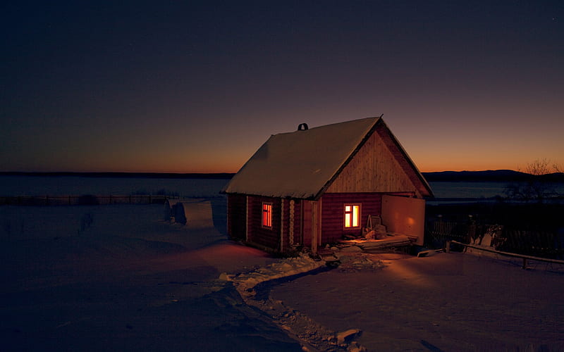 chalet by night-winter theme, HD wallpaper