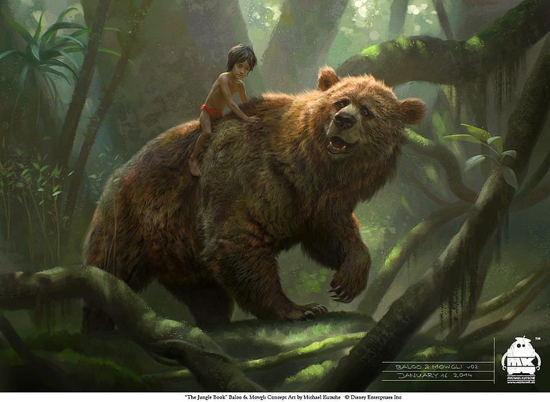 Baloo and Mowgli, baloo, forest, art, luminos, bear, animal, boy, fantasy, jungle book, copil, child, HD wallpaper