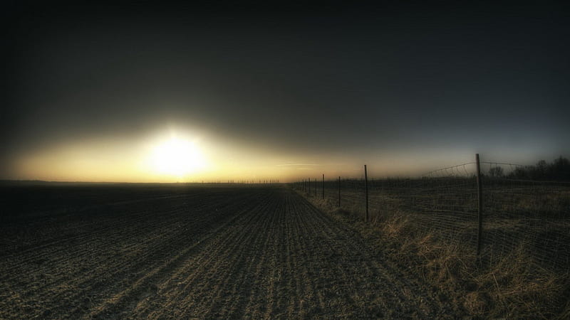 wonderful dark sunset over tilled fields r, fence, dark, fields, r, tilled, sunset, HD wallpaper