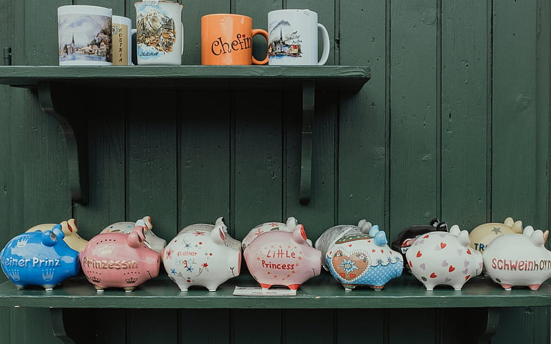 Cups and Piggy Banks, shop, piggy banks, decorative arts, cups, HD wallpaper