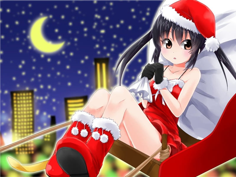 Sleigh Ride, sleigh, azusa, pretty, Nakano Azusa, sweet, nice, anime, hot, anime girl, long hair, star, black hair, night, k on, female, lovely, holiday, christmas, twintails, sky, sexy, cute, girl, merry christmas, snow, kon, HD wallpaper