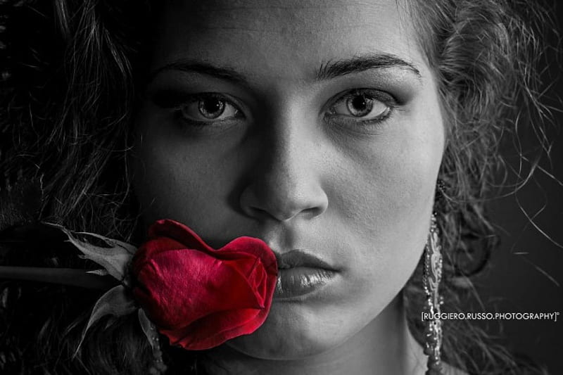 :), black and red, red rose, look, sad, beauty, face, woman, two colors, HD wallpaper