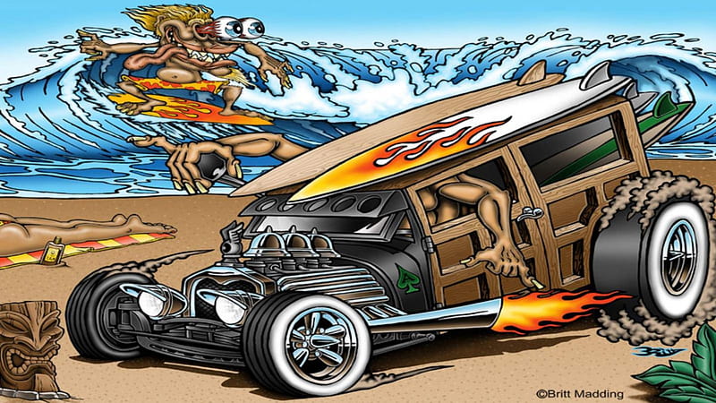 Surf Woody, carros, cartoons, hot rod, ford, woody, cartoon cars, surfing, HD wallpaper