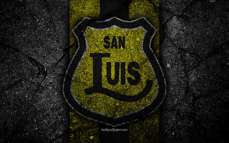 San Luis FC, emblem, Chilean Primera Division, soccer, black stone, football club, Chile, San Luis, logo, asphalt texture, FC San Luis, HD wallpaper