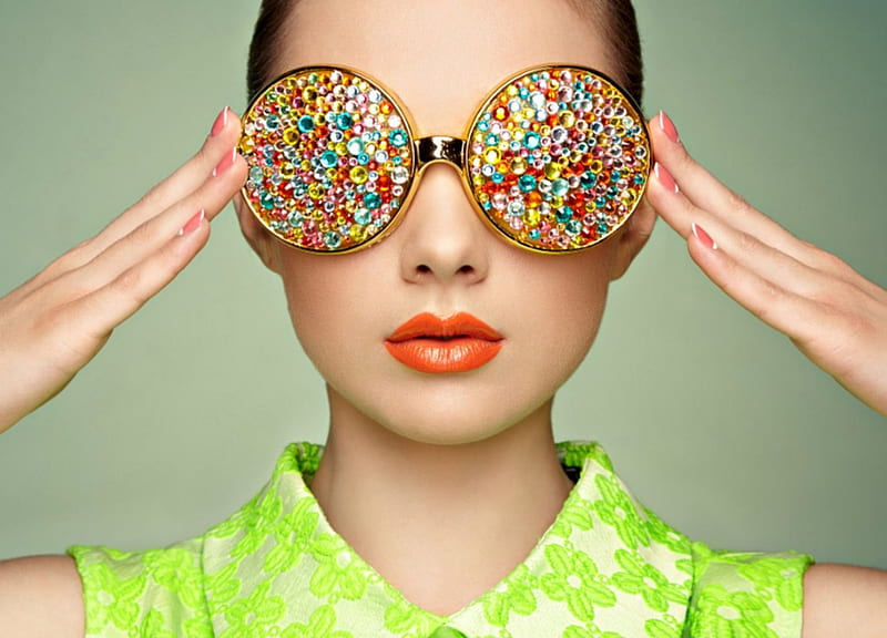 Funny glasses, colorful, model, orange, glasses, woman, lips, girl, green, hand, HD wallpaper