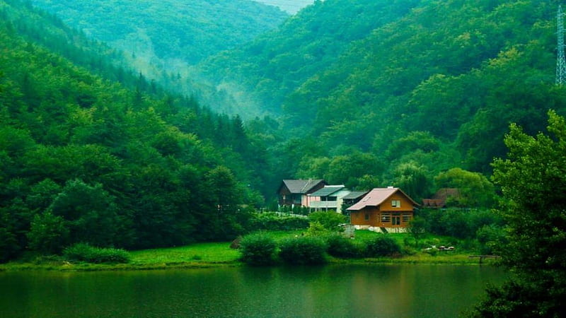 Village in Mountains, forest, green, mountains, houses, village, nature, trees, lake, HD wallpaper