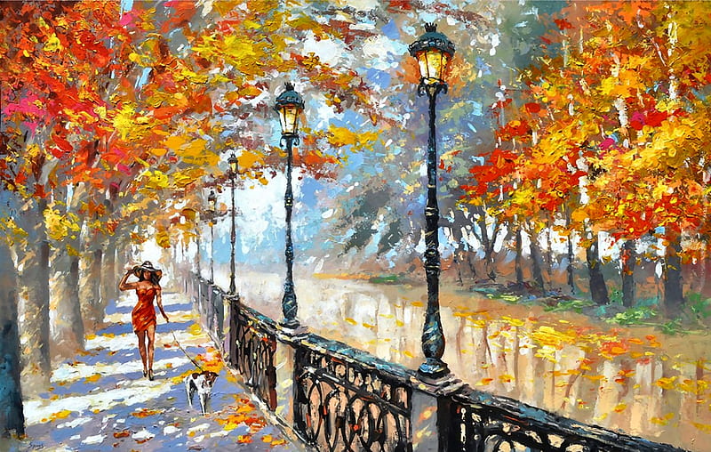 Lady Walking Her Dog F, architecture, art, autumn, cityscape, bonito, park, pets, artwork, painting, wide screen, scenery, dogs, HD wallpaper
