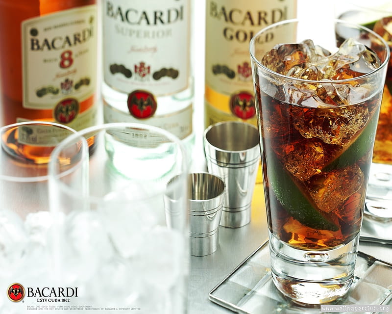 bacardi, glass, brand, alcohol, advertising, ice, drinking bottles, HD wallpaper