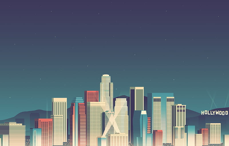 los angeles, minimal cityscape, skyline, stars, skyscrapers, City, HD wallpaper