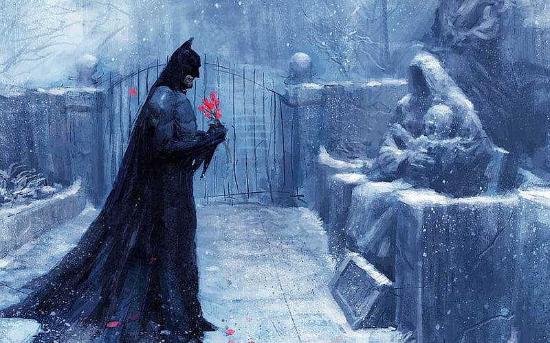 Batman sorrow, red, art, cemetery, game, black, batman, winter, fantasy, statue, stone, snow, white, floower, blue, HD wallpaper