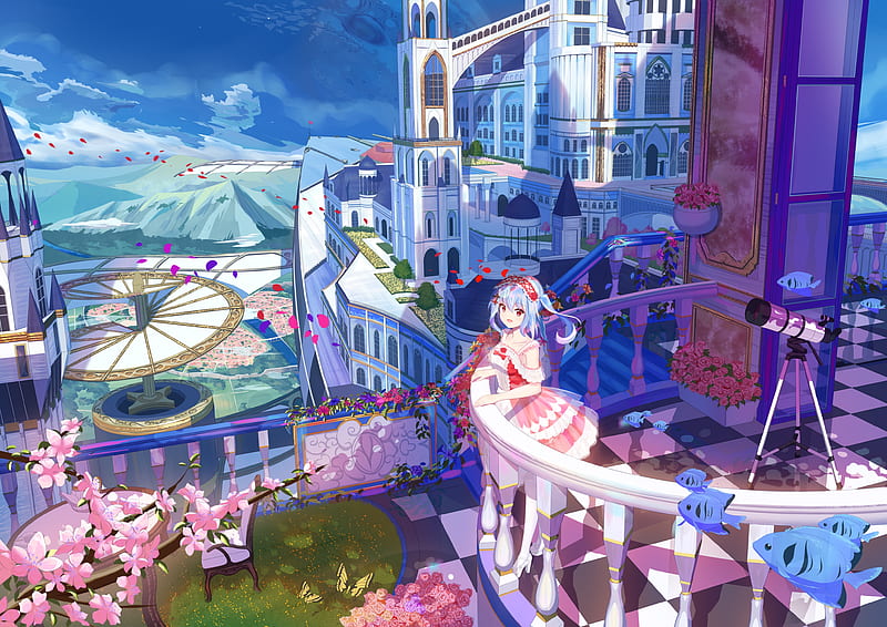 anime girl, balcony, fantasy world, telescope, sakura blossom, dress, Anime, HD wallpaper