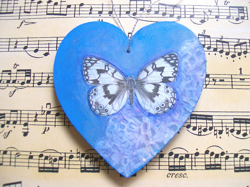 ♫♬♪ Butterfly Heart ♫♬♪, butterfly, heart, music notes, wooden, ornament, blue, HD wallpaper
