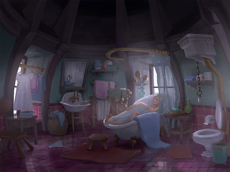 Fairytower Bathroom, bathroom, katrina lin, fantasy, girl, luminos, fairytower, pink, blue, HD wallpaper