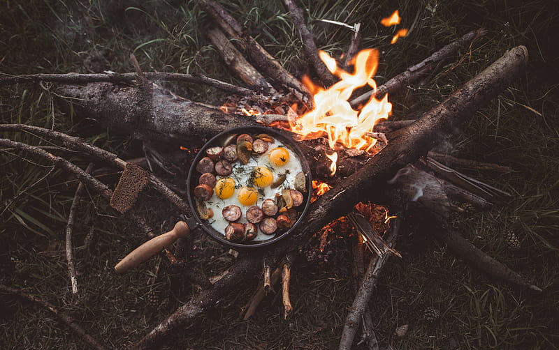 bonfire, camping, fried eggs, fire, HD wallpaper