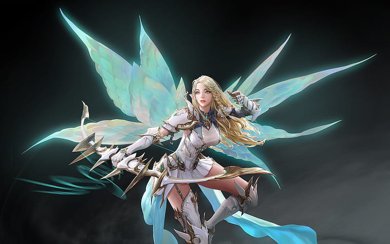 Angel archer, frumusete, wings, luminos, girl, angel, archer, seunghee lee, blue, fantasy, HD wallpaper