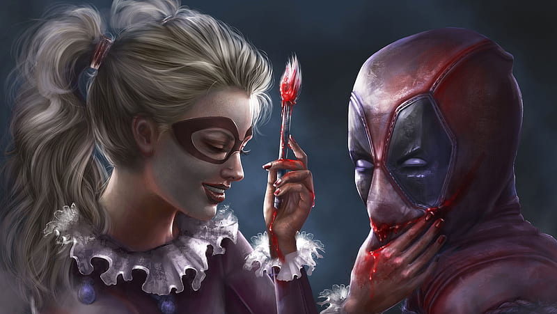 Harley Quinn, red, art, luminos, woman, blood, fantasy, girl, naughty, deadpool, hand, mask, blue, HD wallpaper