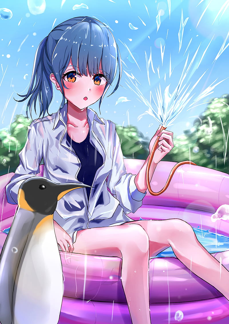 girl, water, penguin, anime, HD phone wallpaper