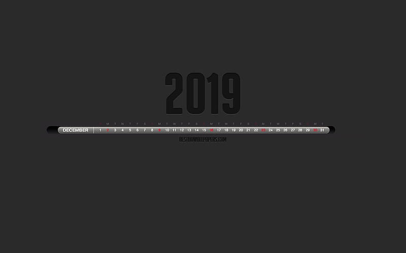 2019 December Calendar, Stylish black calendar, December 2019, gray background, month calendar, December 2019 numbers in one line, December 2019 Calendar, HD wallpaper