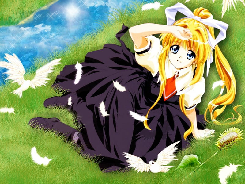 ~Misuzu Kamio~, Misuzu Kamio, pretty, grass, birds, water, girl, air, anime, feathers, HD wallpaper