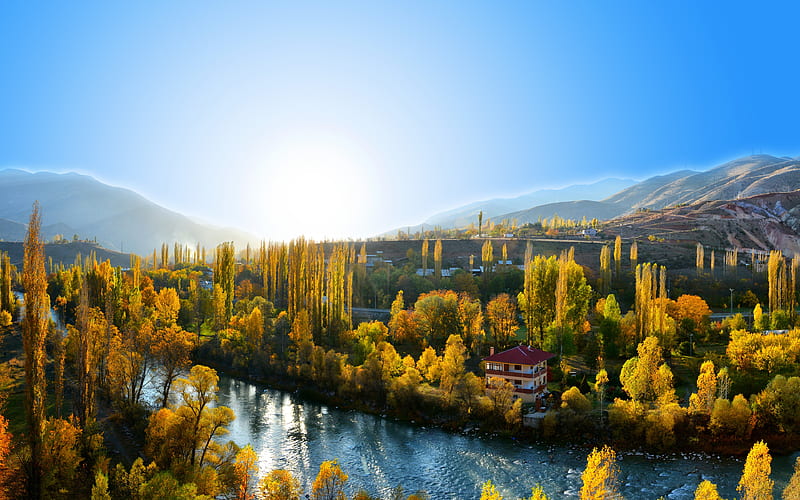 Turkey Chorokh river, autumn, mountains, Asia, bright sun, HD wallpaper