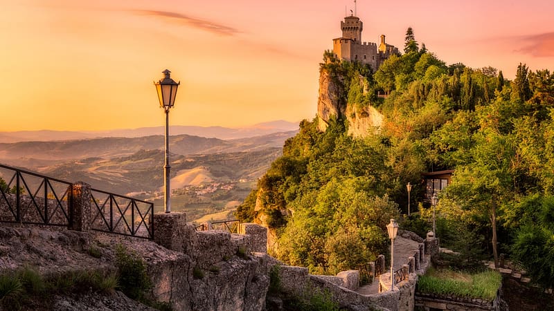 Fortress in San Marino, Italy, clouds, building, landscape, sky, rocks, sunset, HD wallpaper