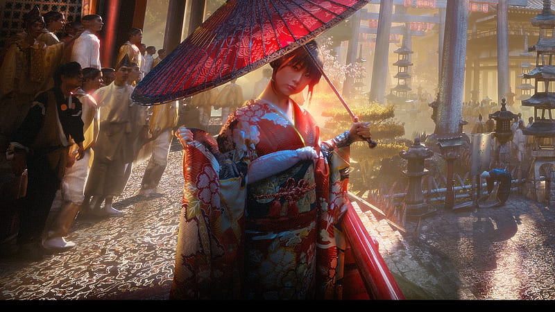 Geisha, asian, christopher schiefer, kimono, red, frumusete, luminos ...