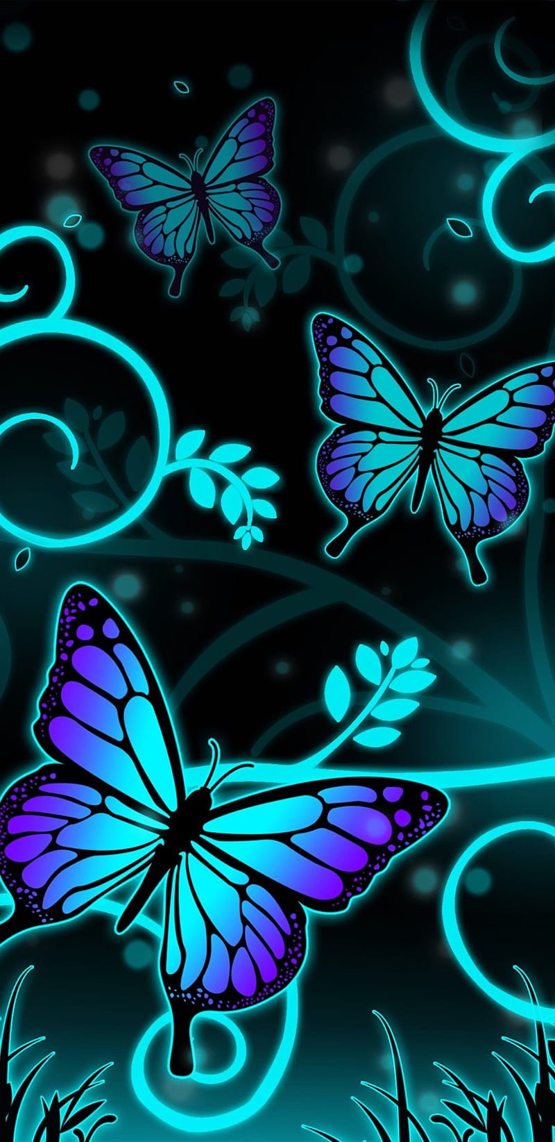 Flúor revolotea, mariposas, mariposa, resplandor, neón, púrpura, remolino,  trullo, Fondo de pantalla de teléfono HD | Peakpx