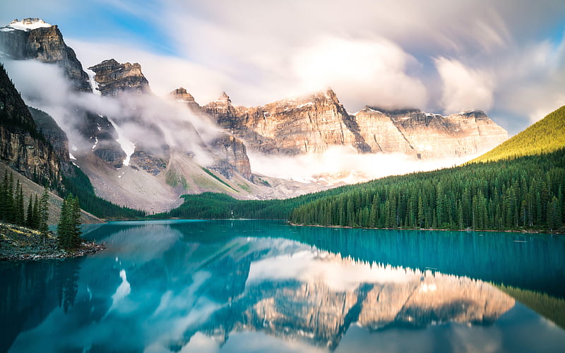 Canada, Moraine lake, morning, summer, Banff National Park, mountains, canadian landmarks, Canadian Rockies, Alberta, forest, HD wallpaper