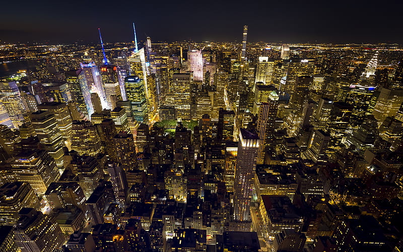 New York, Manhattan, evening, skyscrapers, metropolis, USA, city lights, Garment District, HD wallpaper