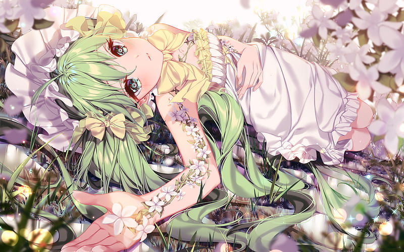 Hatsune Miku, lawn, flowers, manga, Vocaloid, HD wallpaper