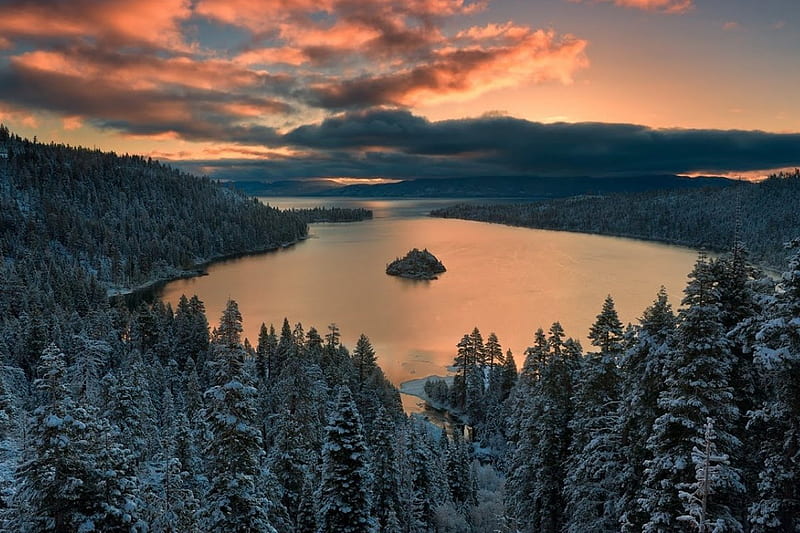 First Snow at Lake Tahoe, forest, emerald bay, water, sunset, reflection, firs, HD wallpaper