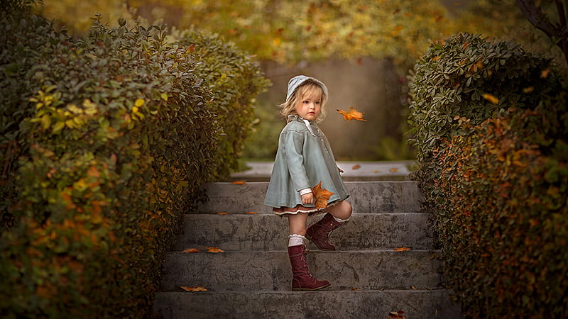 Cute Little Girl Is Standing On Stairs Wearing Light Grey Color Dress In Foliage Bokeh Background Cute, HD wallpaper