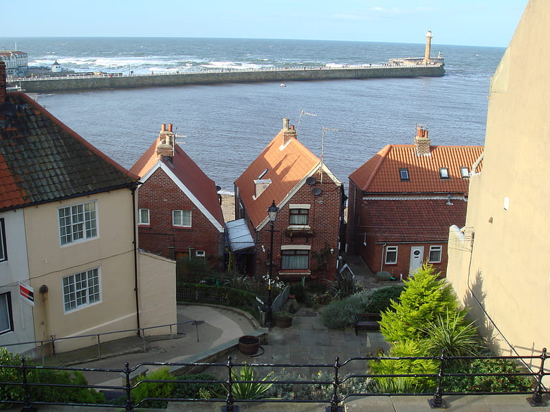 Harbourside cottages, cottages, courtyard, harbour, england, whitby, abbey, sea, HD wallpaper