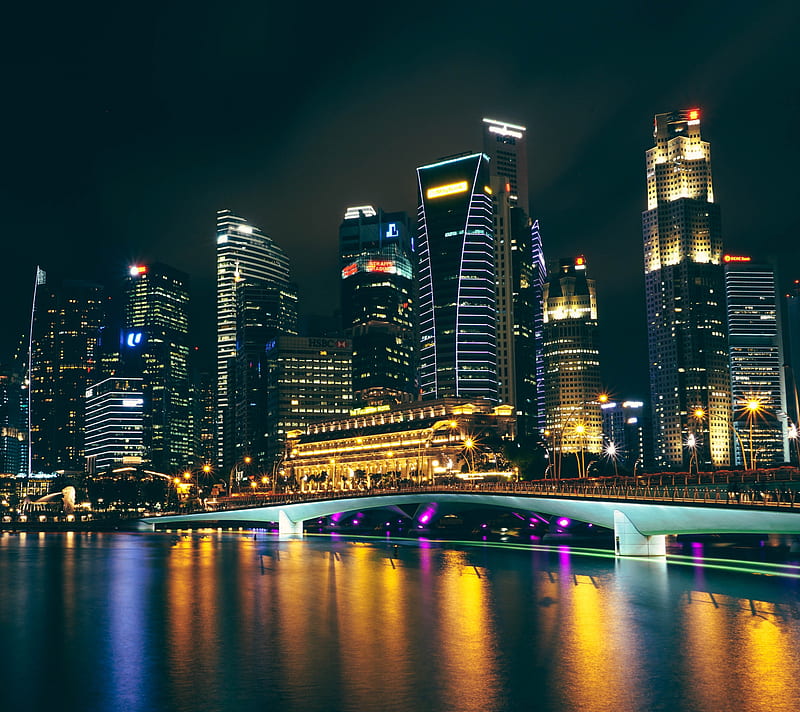 Singapore, bridge, cities, landscape, lights, night, skyscrapers, HD ...