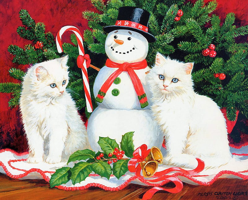 Christmas cats, art, red, persis clayton weirs, craciun, christmas, cat, snowman, painting, white, pisici, pictura, couple, HD wallpaper