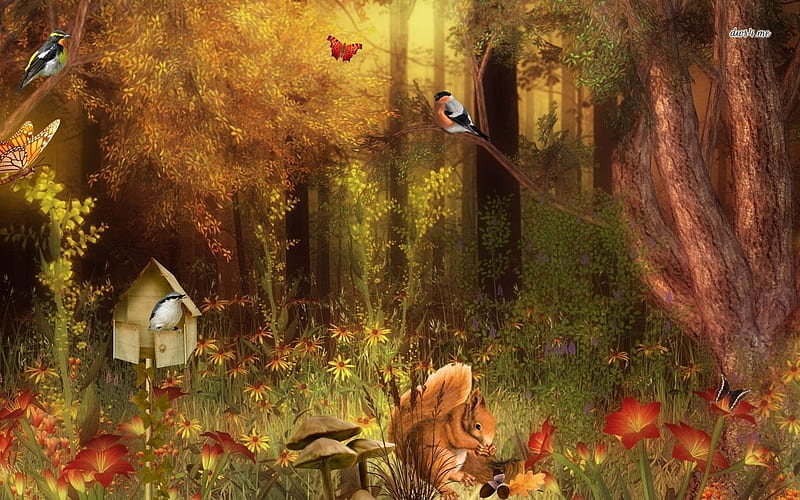 Fairy Forest, squirrel, birds house, painting, birds, flowers, butterflies, trees, artwork, HD wallpaper