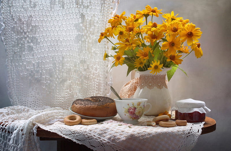 graphy, Still Life, Bouquet, Bagel, Yellow Flower, HD wallpaper