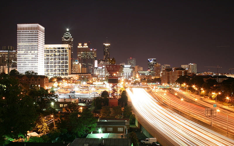 Atlanta Lights, highrises, Night time traffic, lights, other, HD wallpaper