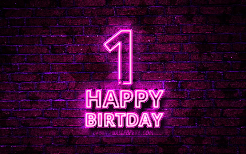 Happy 1 Years Birtay purple neon text, 1st Birtay Party, purple brickwall, Happy 1st birtay, Birtay concept, Birtay Party, 1st Birtay, HD wallpaper