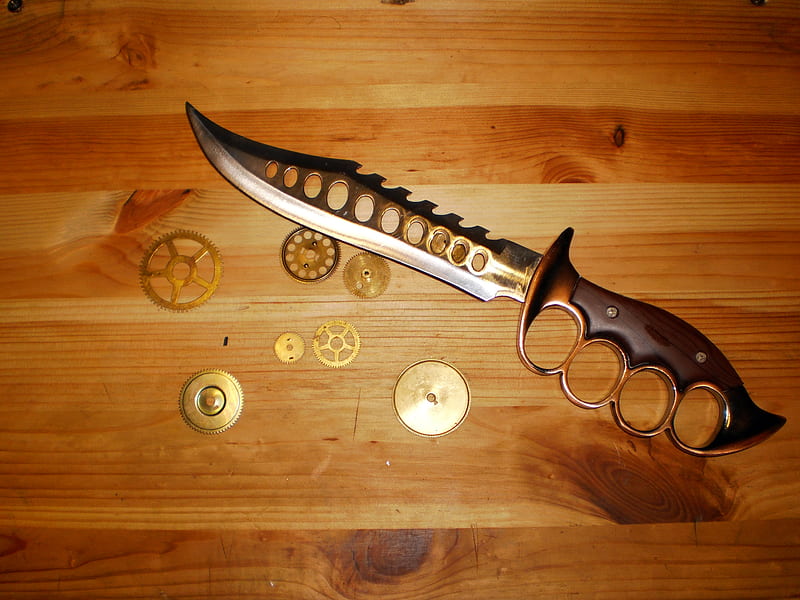 Gears and Knife, steampunk, gears, clockwork, wooden, wood, knife, HD wallpaper
