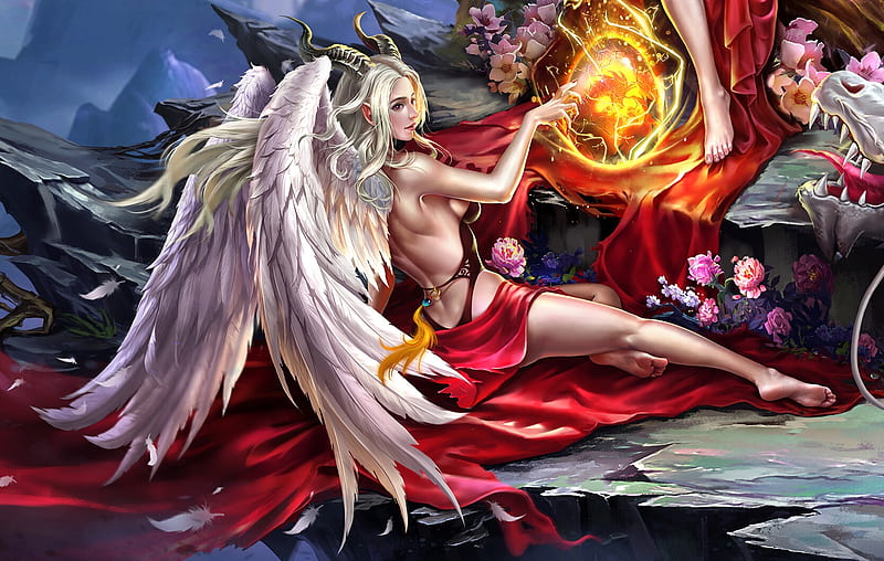 Angel, red, fantasy, wings, frumusete, qiang lee, girl, luminos, HD wallpaper