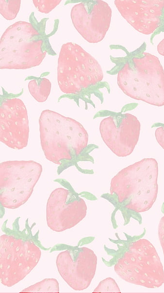 Kawaii Strawberries, aesthetic, background, cute, background, fruit, kawaii, pale, pastel, pink, strawberries, HD phone wallpaper