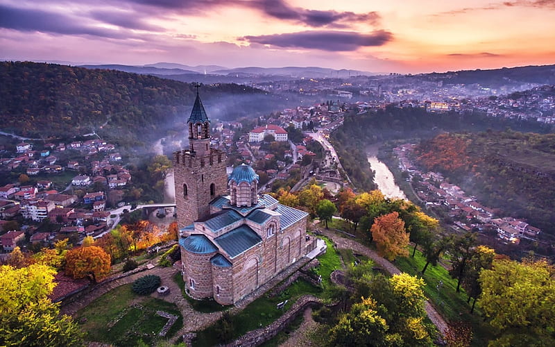 Veliko Tarnovo, Bulgaria, hills, sunset, church, clouds, sky, landscape, HD wallpaper