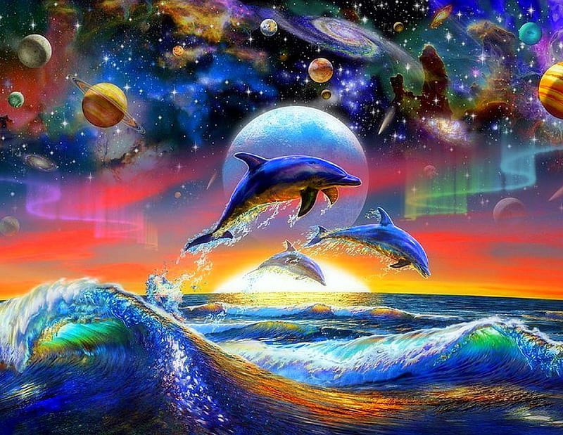 ★Dolphins in Sea Universe★, family, oceans, planets, stunning, lovely, colors, love four seasons, bonito, attractions in dreams, creative pre-made, paintings, dolphins, universe, nature, sealife, animals, HD wallpaper