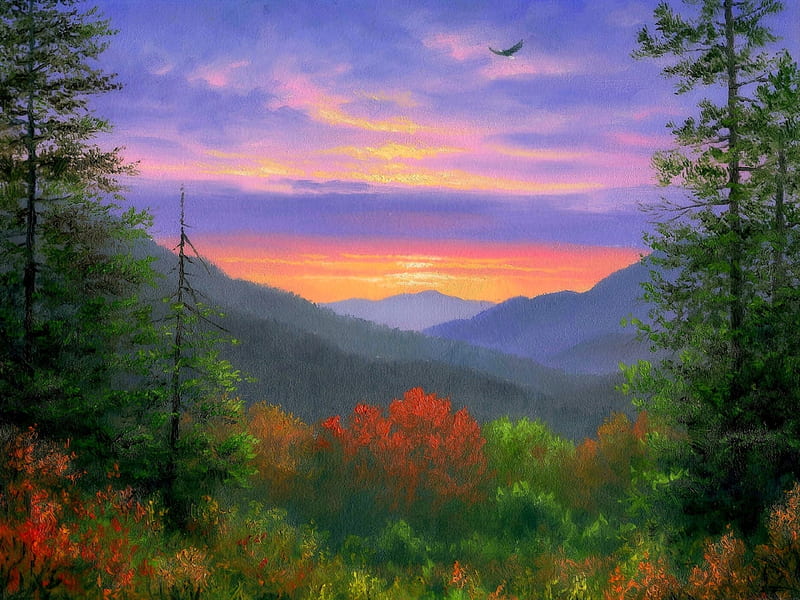★Smoky Mountain Sunrise★, autumn, stunning, attractions in dreams, bonito, most ed, seasons, paintings, landscapes, sunrise, forests, scenery, fall season, love four seasons, places, creative pre-made, trees, mountains, nature, HD wallpaper