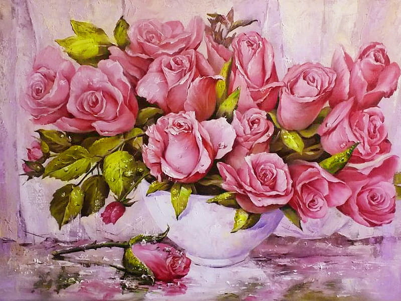 Attentive, painting, rain drops, flowers, roses, reflection, pink, HD wallpaper