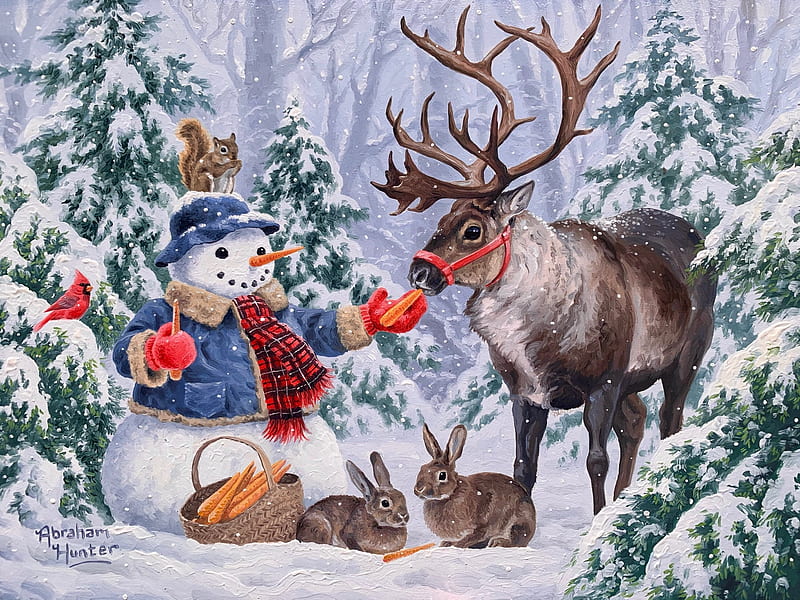Winter Friends, forest, snow, painting, reindeer, snowman, trees, artwork, winter, rabbits, HD wallpaper